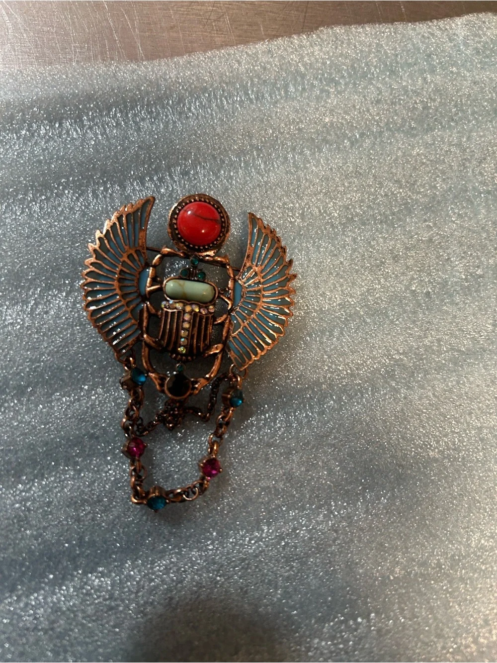 Source Unknown Blue and Coral Winged Scarab Brooch with Chain Drops